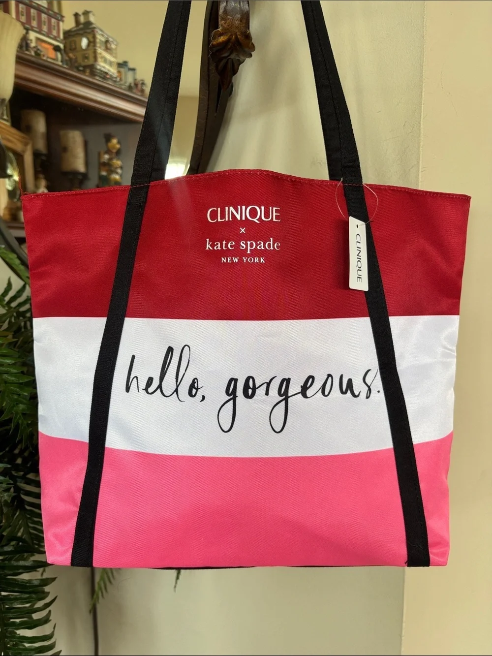 NWT Clinique X Kate Spade Shopping Tote Shoulder Bag Striped “Hello Gorgeous”